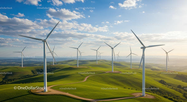 Turbiny wiatrowe na zielonych wzgórzach pod błękitnym niebem