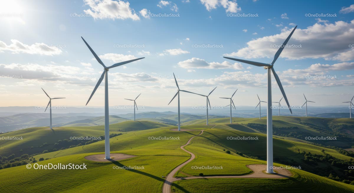 Wind Turbines on Rolling Green Hills Under Blue Sky