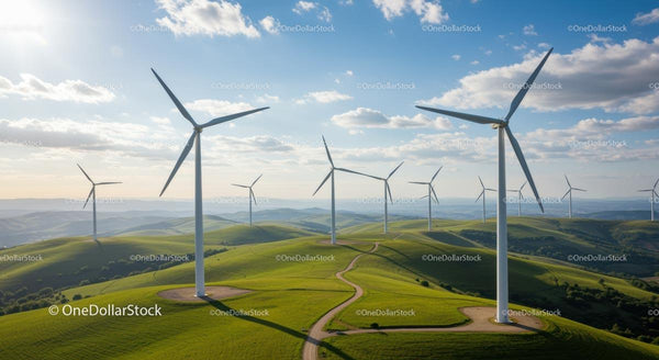 Turbiny Wiatrowe na Zielonych Wzgórzach pod Błękitnym Niebiem