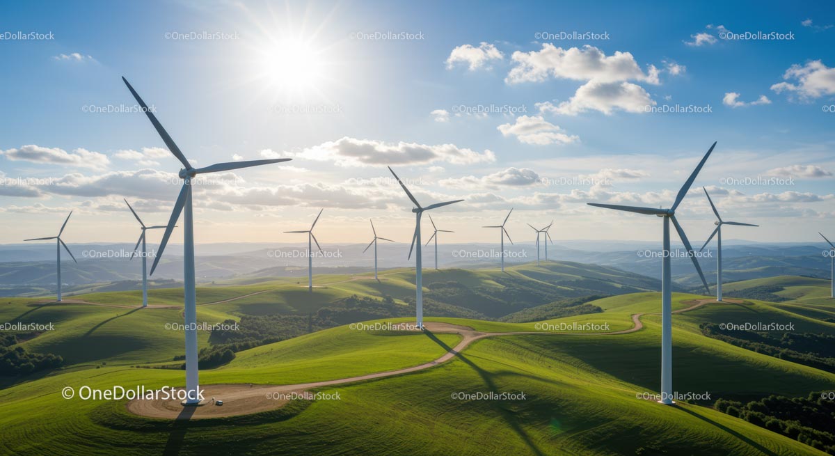 Turbiny wiatrowe na zielonych wzgórzach pod słonecznym, błękitnym niebem
