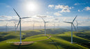 Wind Turbines on Green Hills Under Sunny Blue Sky