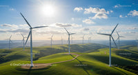 Wind Turbines on Green Hills Under Sunny Blue Sky