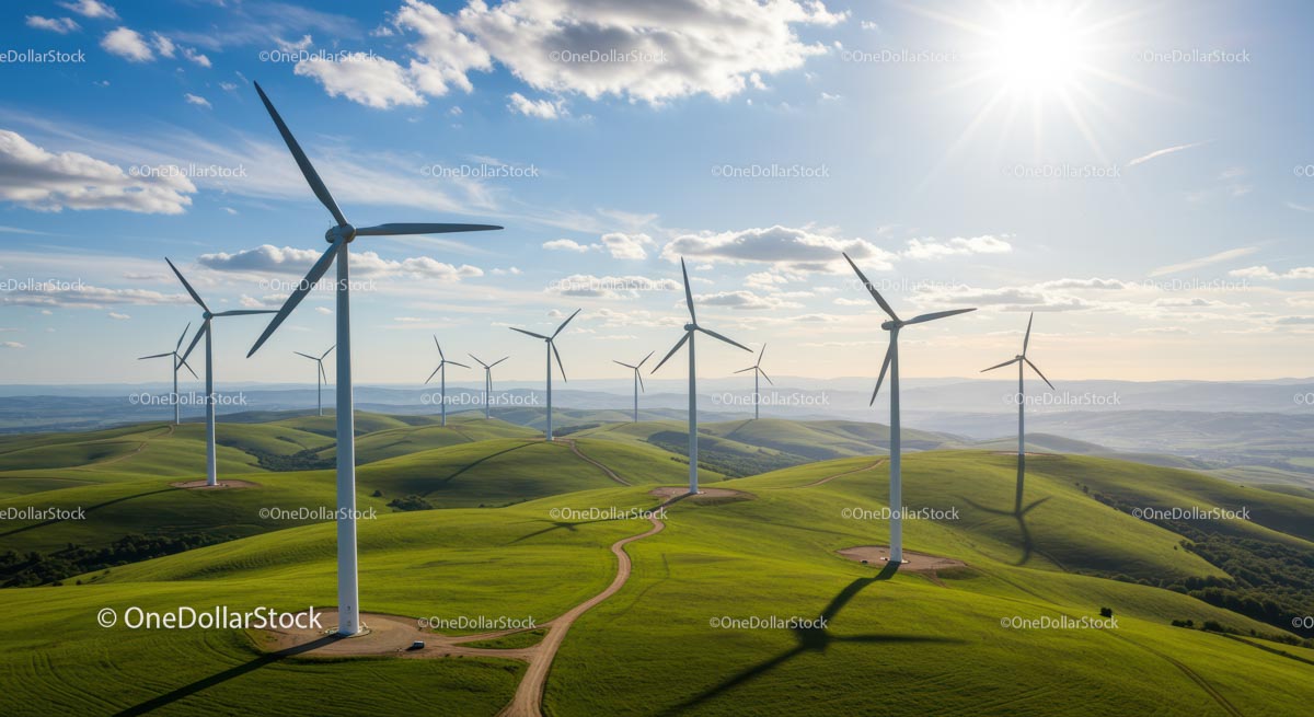 Wind Turbines on Lush Green Hills Under Blue Skies