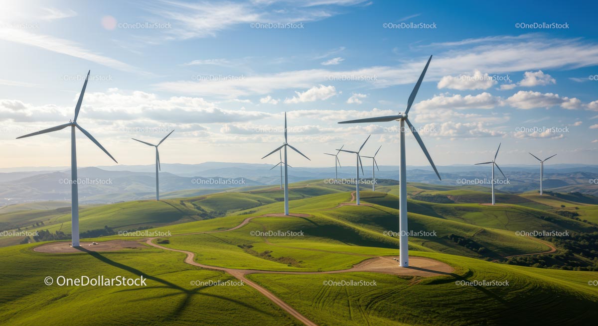 Wind Turbines on Scenic Green Hills Under Blue Sky