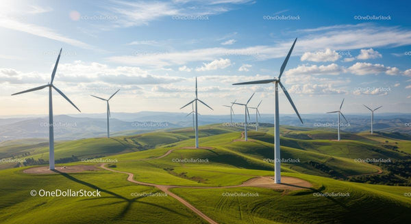 Turbiny Wiatrowe na Malowniczych Zielonych Wzgórzach pod Błękitnym Niebem