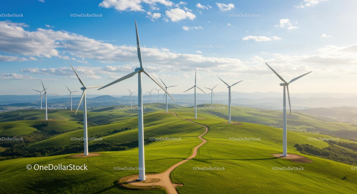 Wind Turbines on Lush Green Hills Under Blue Sky