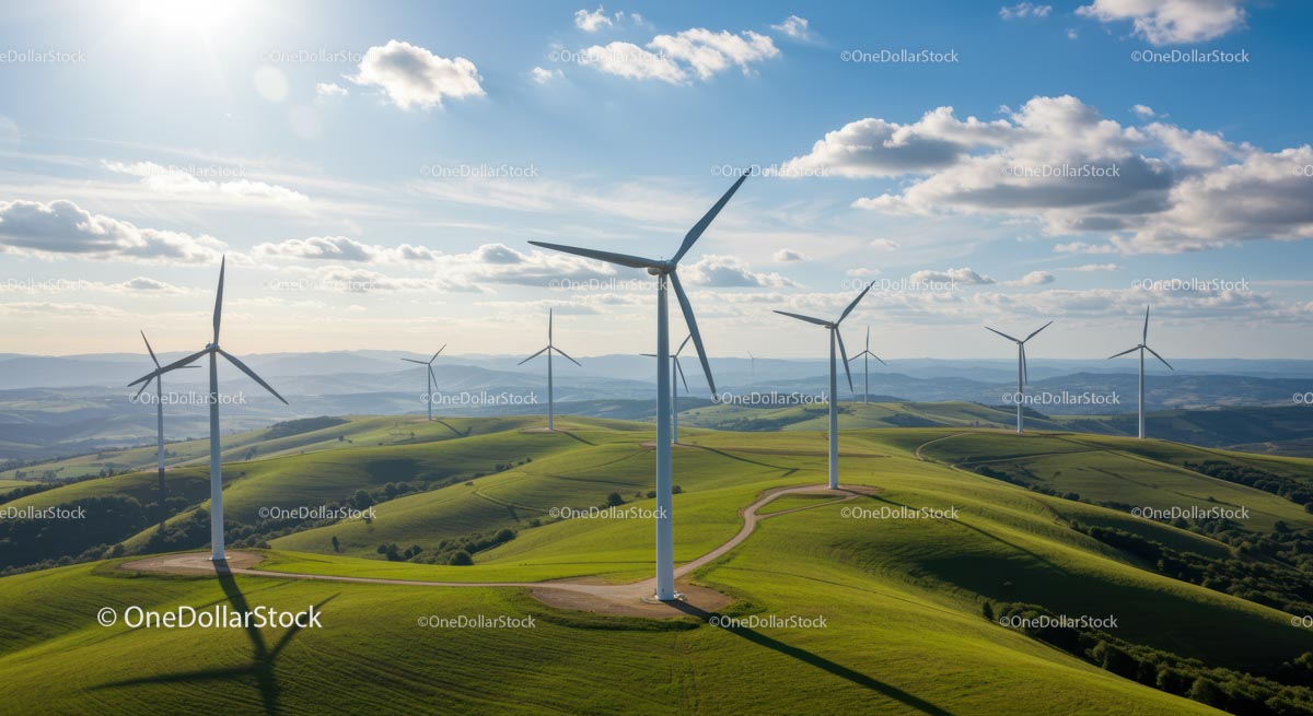Wind Turbines on Lush Green Hills Under Blue Sky