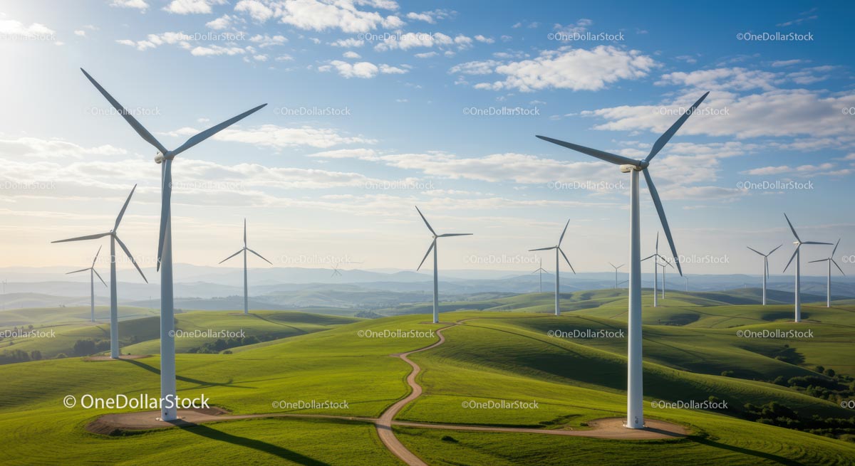 Wind Turbines on Green Rolling Hills Under Blue Skies