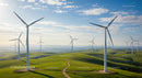 Wind Turbines on Green Rolling Hills Under Blue Skies