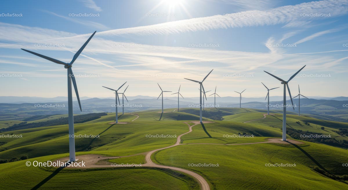 Wind Turbines on Lush Green Hills Under Blue Sky