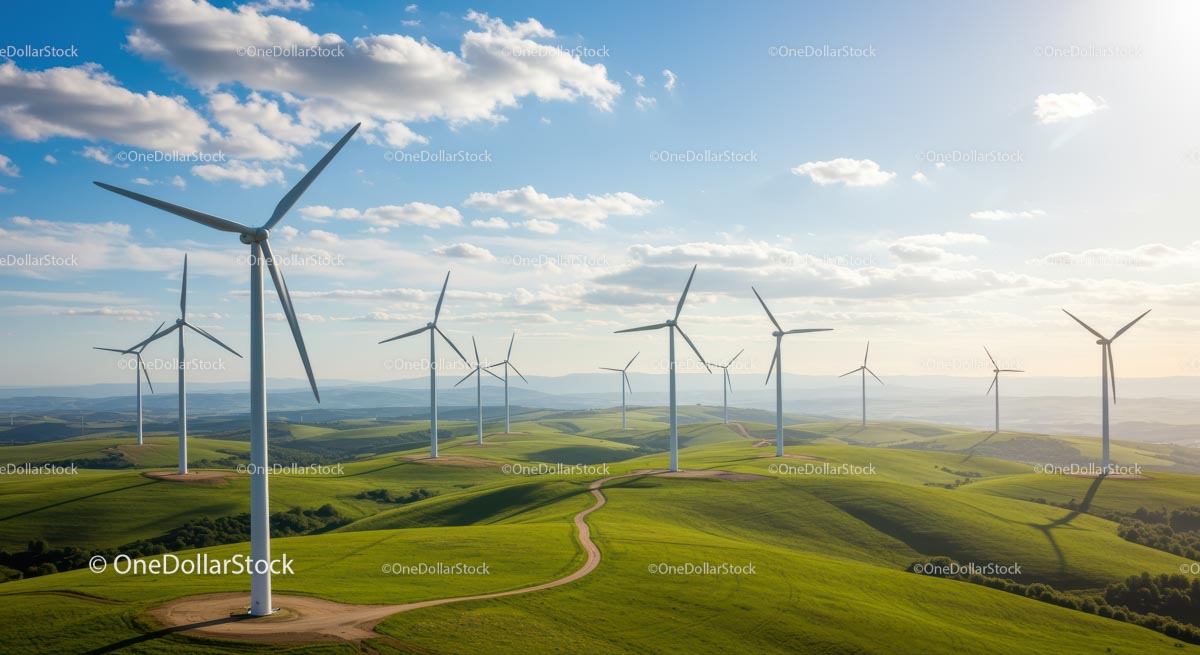 Wind Turbines Over Lush Green Hills Under Blue Sky
