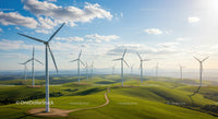 Wind Turbines Over Lush Green Hills Under Blue Sky