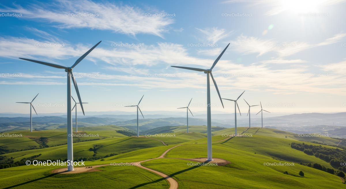 Turbiny wiatrowe na zielonych wzgórzach pod błękitnym niebem