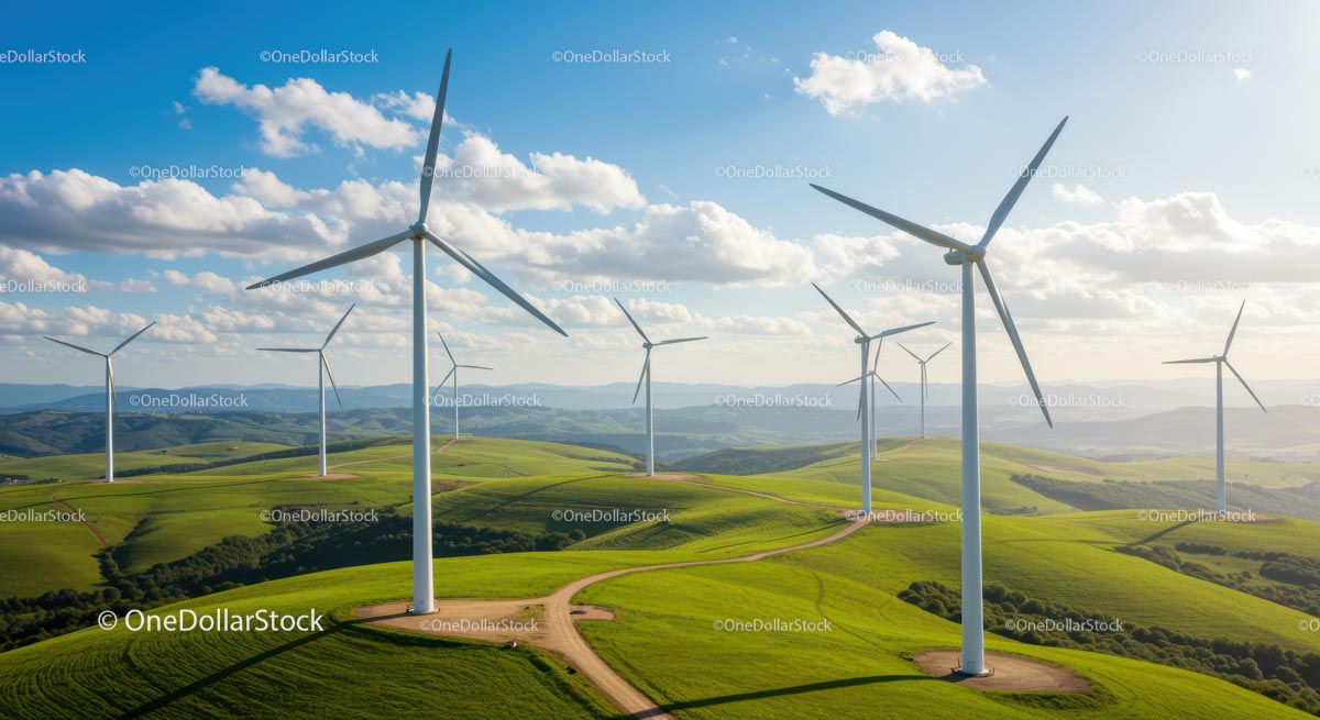 Wind Turbines on Green Hills Under Bright Blue Sky