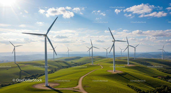 Turbiny wiatrowe na zielonych wzgórzach pod błękitnym niebem