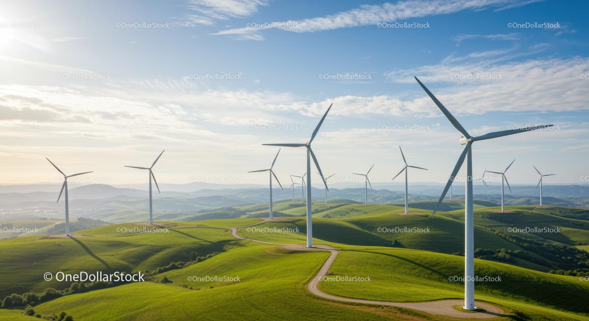 Scenic Wind Farm Over Rolling Green Hills