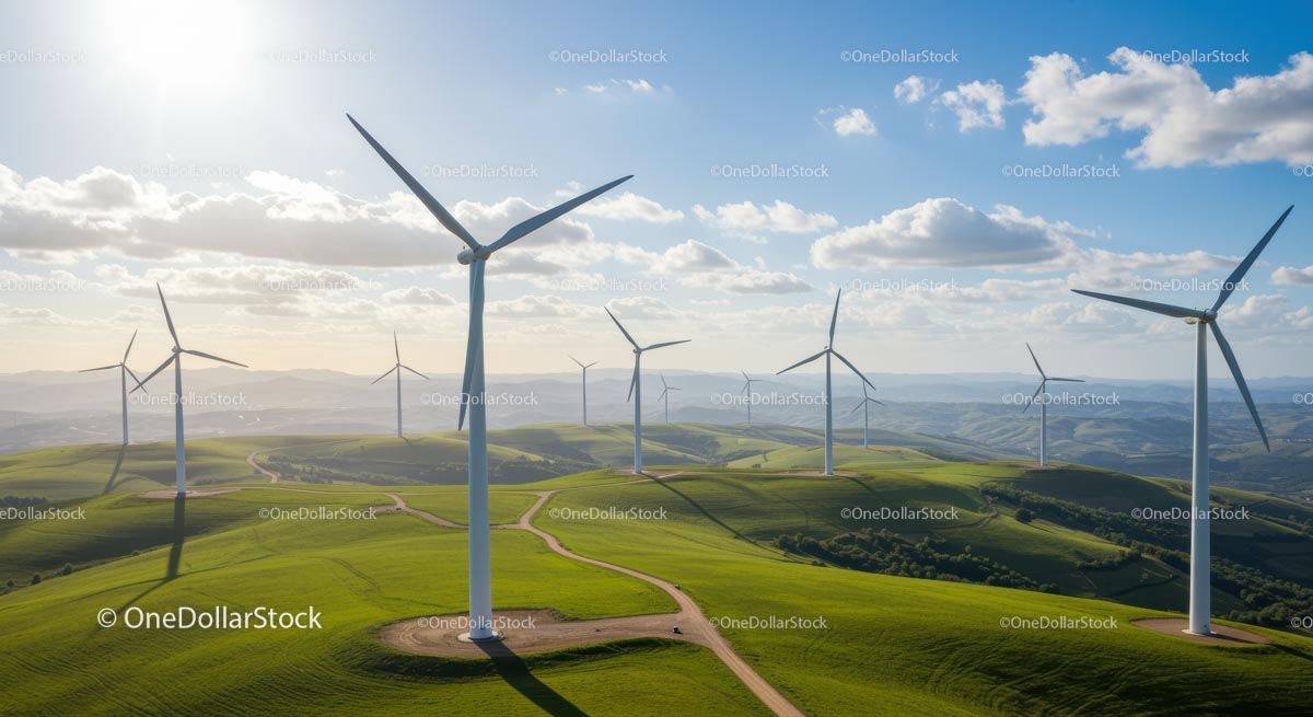 Wind Turbines on Lush Green Hills Under Blue Sky