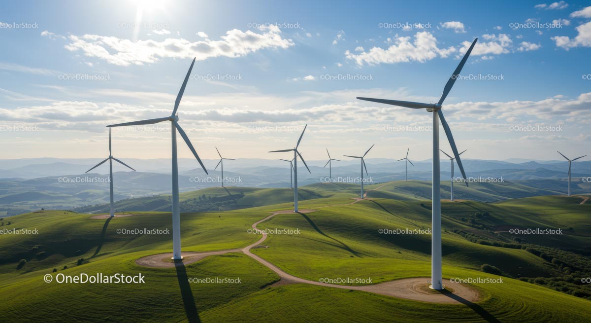 Wind Turbines on Green Hills Under Clear Blue Sky