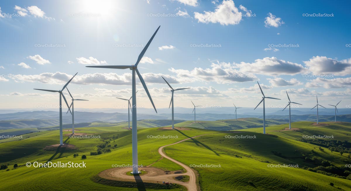 Wind Turbines Over Rolling Green Hills Under Blue Sky
