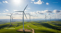 Wind Turbines Over Rolling Green Hills Under Blue Sky