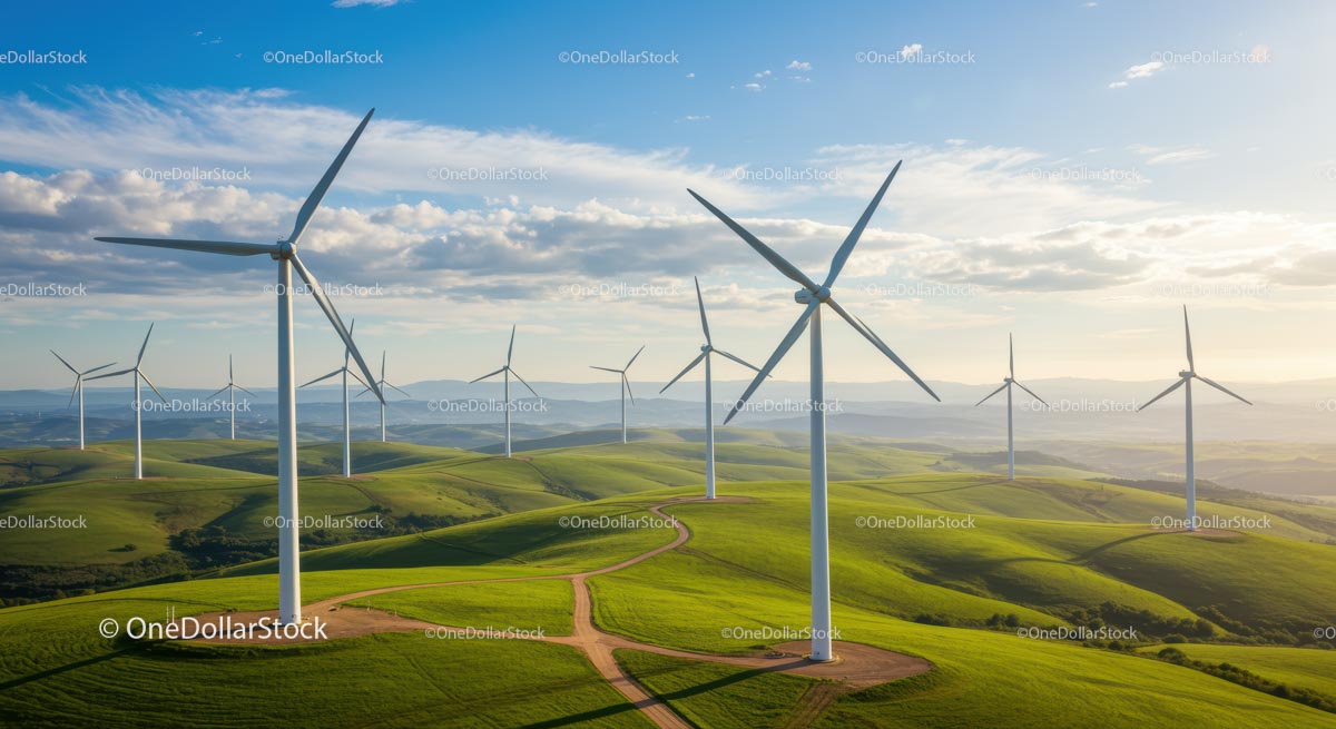 Wind Turbines on Lush Green Hills Under Blue Skies