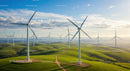 Wind Turbines on Lush Green Hills Under Blue Skies