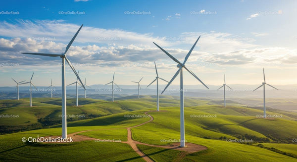 Turbiny wiatrowe na bujnych zielonych wzgórzach pod błękitnym niebem