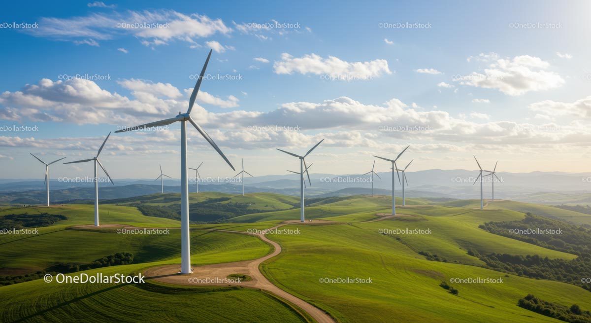Turbiny wiatrowe na bujnych zielonych wzgórzach pod błękitnym niebem