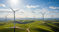 Wind Turbines on Rolling Green Hills Under Blue Skies
