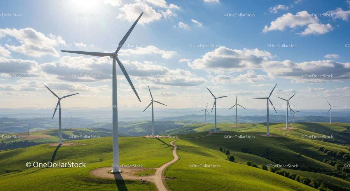 Turbiny wiatrowe na zielonych wzgórzach pod błękitnym niebem