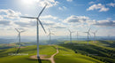 Wind Turbines on Green Hills Under Blue Sky