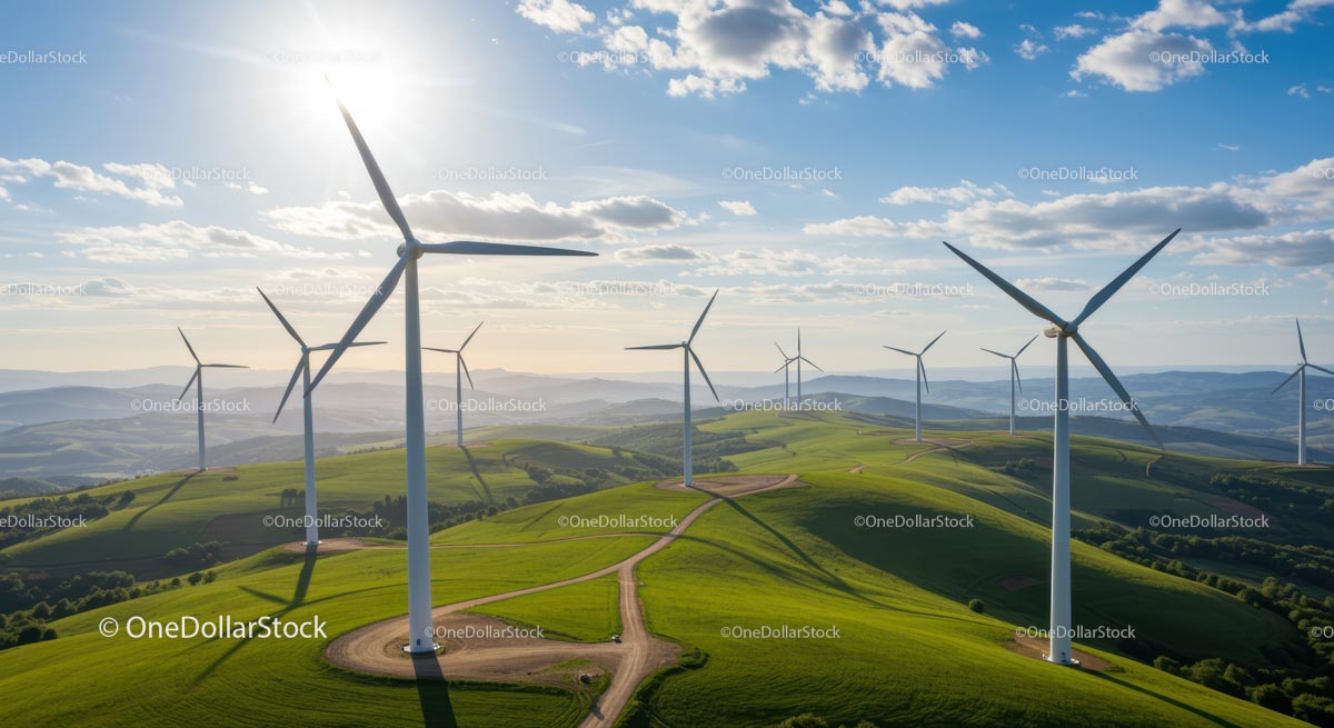 Wind Turbines in Sunlit Green Fields with Blue Skies