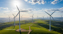 Wind Turbines in Sunlit Green Fields with Blue Skies