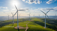 Wind Turbines in Sunlit Green Fields with Blue Skies