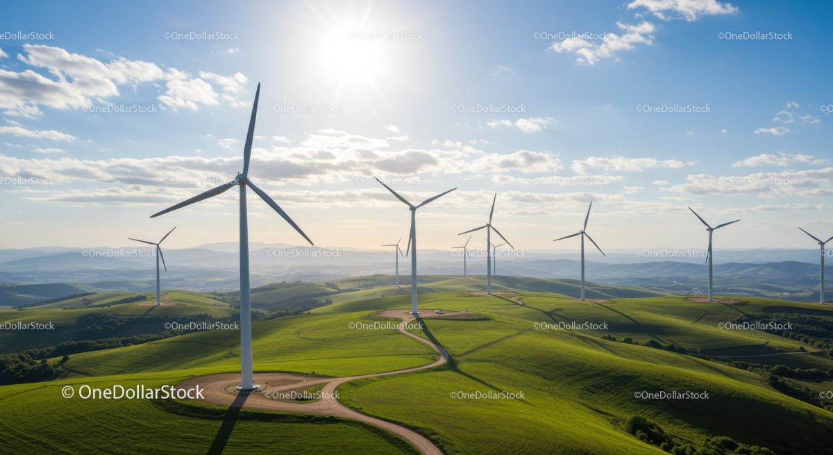 Turbiny wiatrowe na bujnych zielonych wzgórzach pod czystym niebem