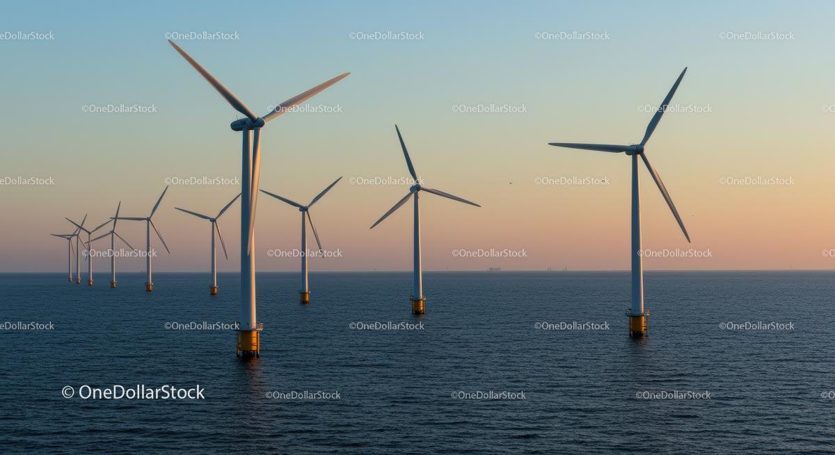 Turbiny wiatrowe na morzu o zachodzie słońca na spokojnym oceanie
