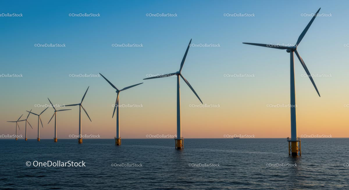 Turbiny wiatrowe na morzu o zachodzie słońca nad oceanem