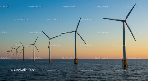 Morskie Turbiny Wiatrowe o Zachodzie Słońca nad Oceanem