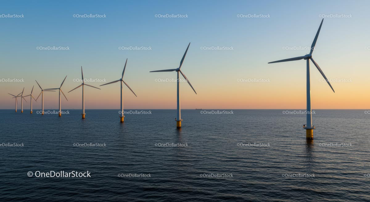 Offshore Wind Turbines at Sunset Over the Ocean