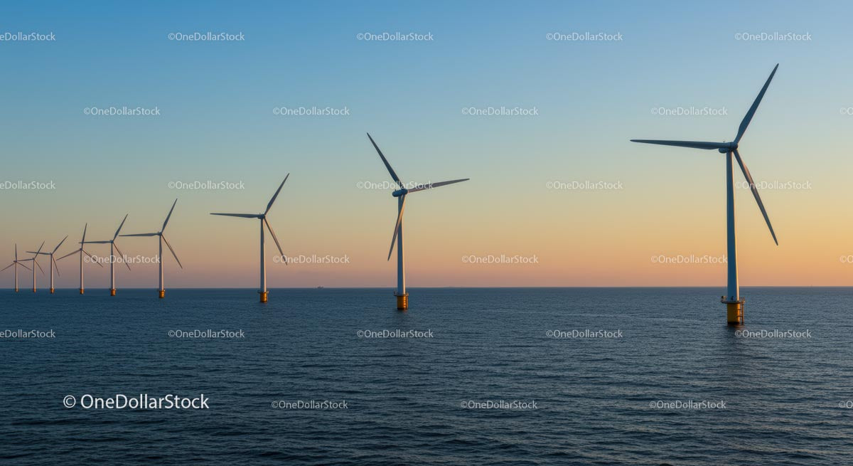 Offshore Wind Turbines at Sunset Over the Calm Sea