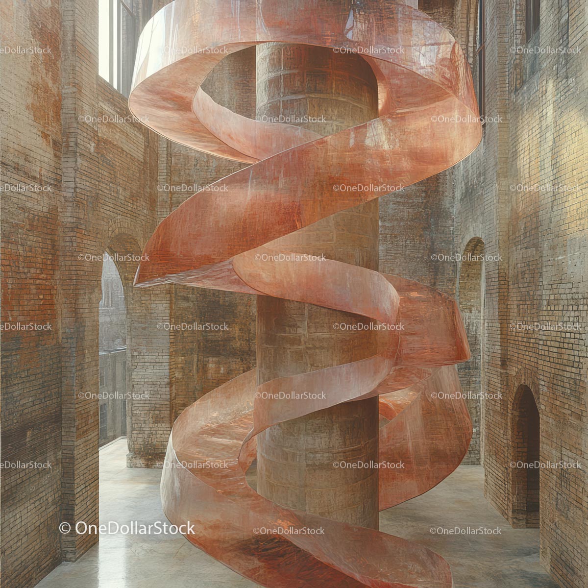 Nowoczesne Spiralne Schody Artystyczne w Przemysłowym Ceglanym Wnętrzu