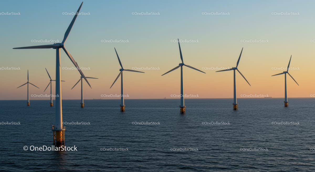 Offshore Wind Turbines at Sunset on the Ocean Horizon