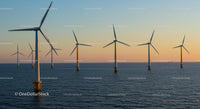 Offshore Wind Turbines at Sunset on the Ocean Horizon