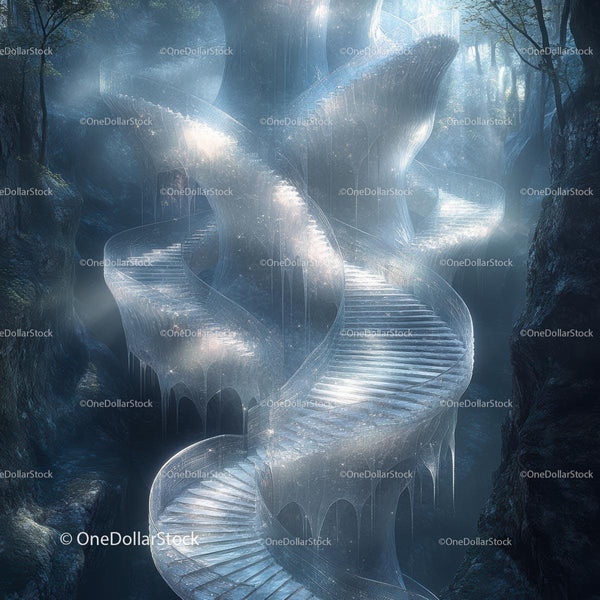 Ethereal Spiral Staircase in Mystical Forest