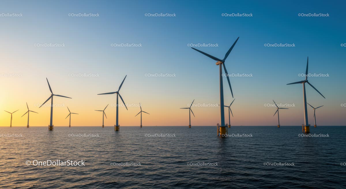 Offshore Wind Farm at Sunset over the Ocean