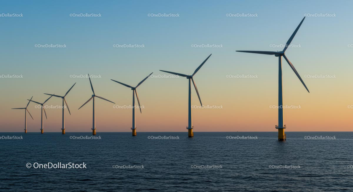 Offshore Wind Turbines at Sunset with Clear Horizon