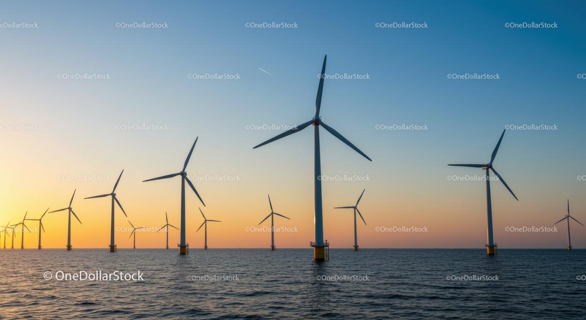 Offshore Wind Turbines at Sunset Over Tranquil Sea