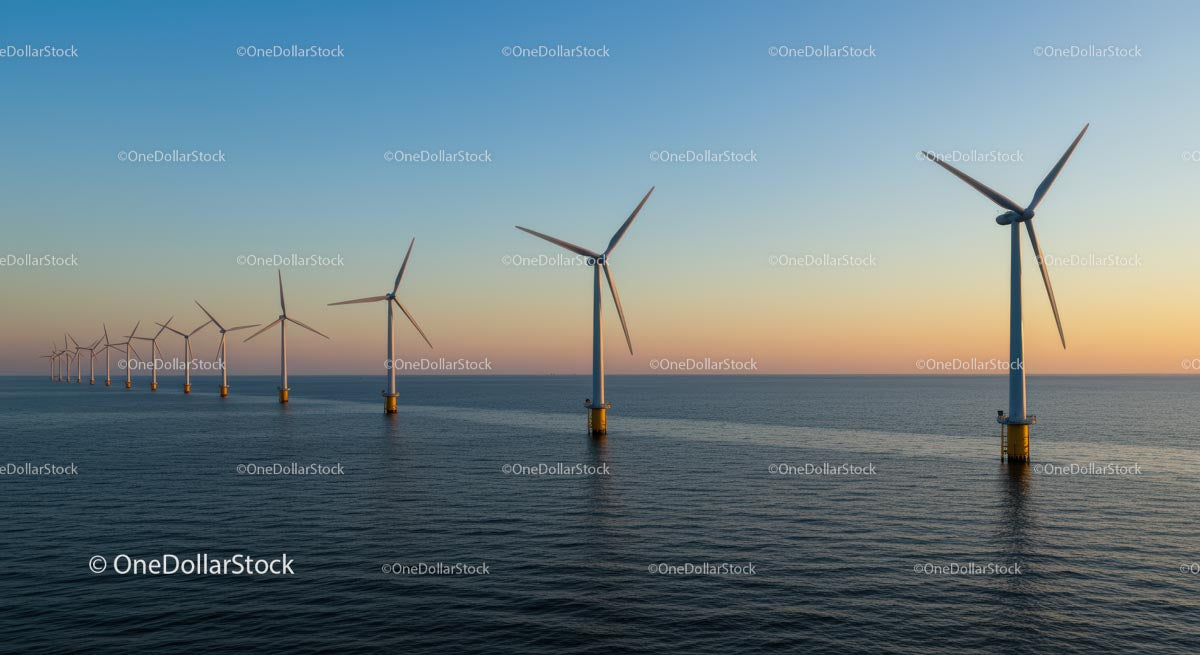 Offshore Wind Turbines at Sunset Over Calm Ocean
