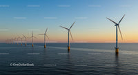 Offshore Wind Turbines at Sunset Over Calm Ocean