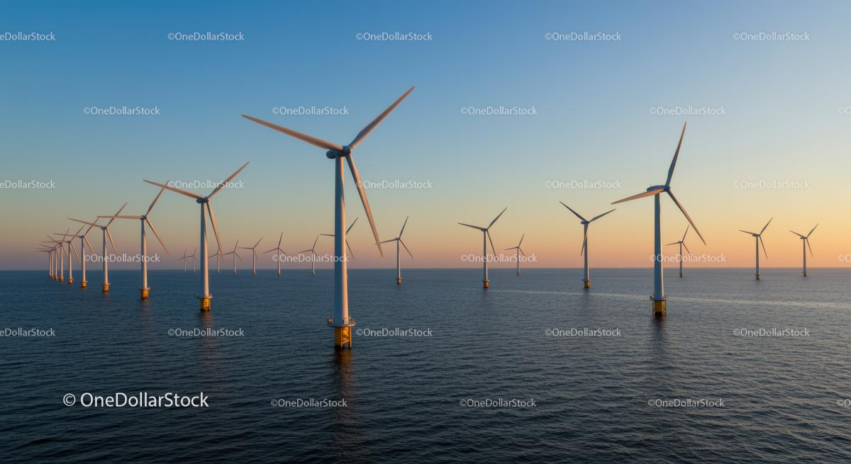 Offshore Wind Farm at Sunset Over Expansive Ocean